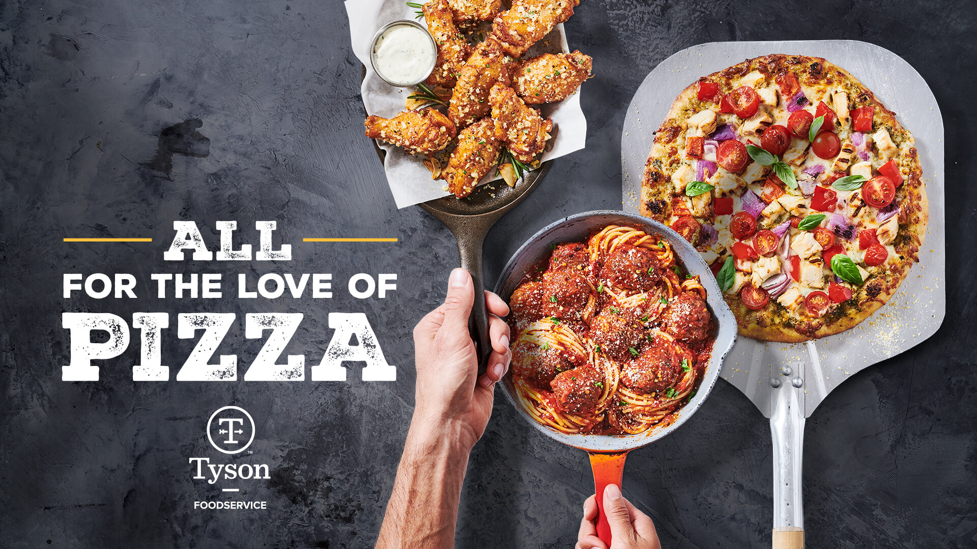 All for the love of pizza. Gray background, featuring garlic parmesan wings, spaghetti and meatballs, and pesto chicken pizza.