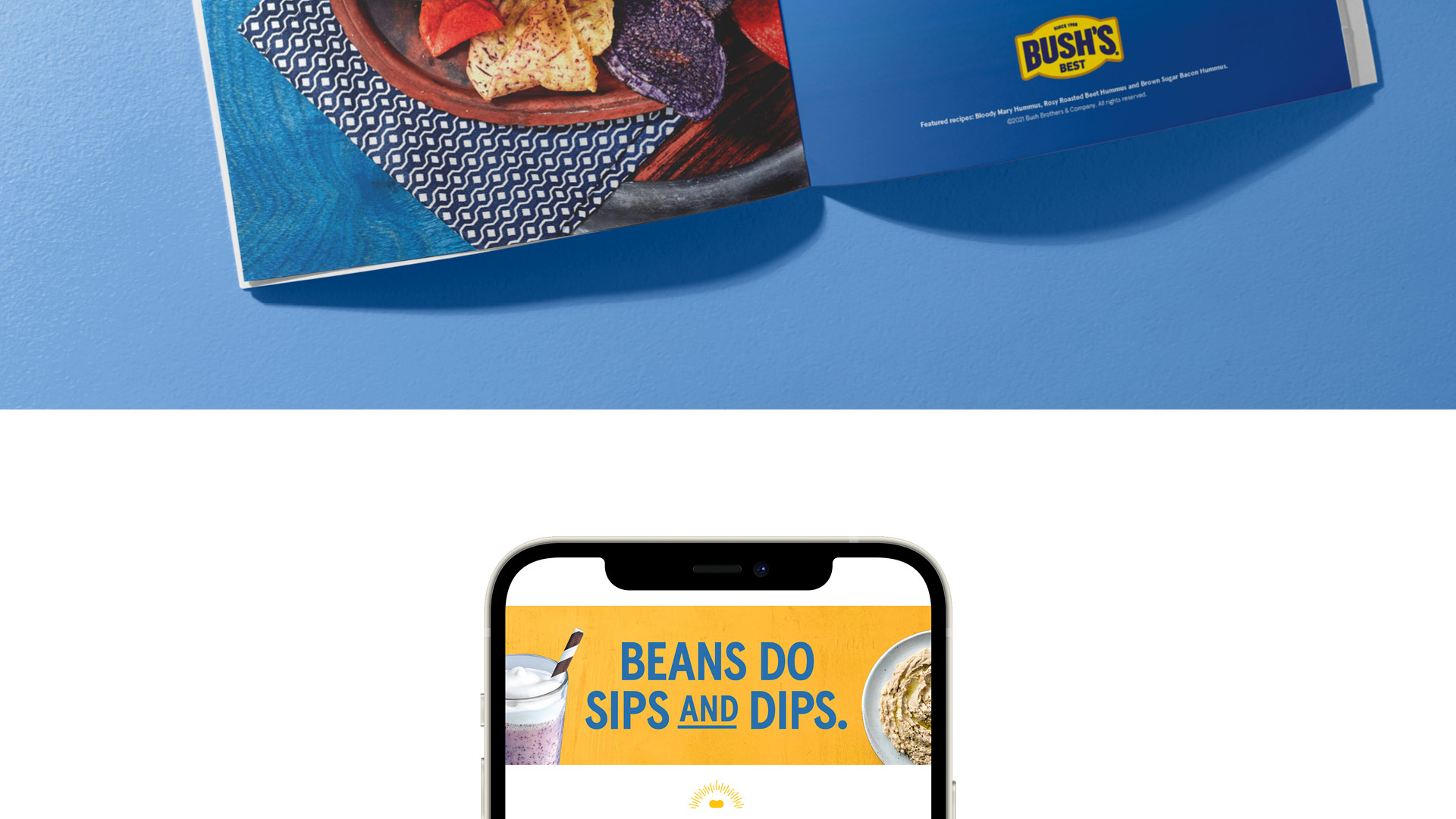 The bottom portion of a brochure, and the top portion of a cell phone screen that says "Beans do sips and dips."