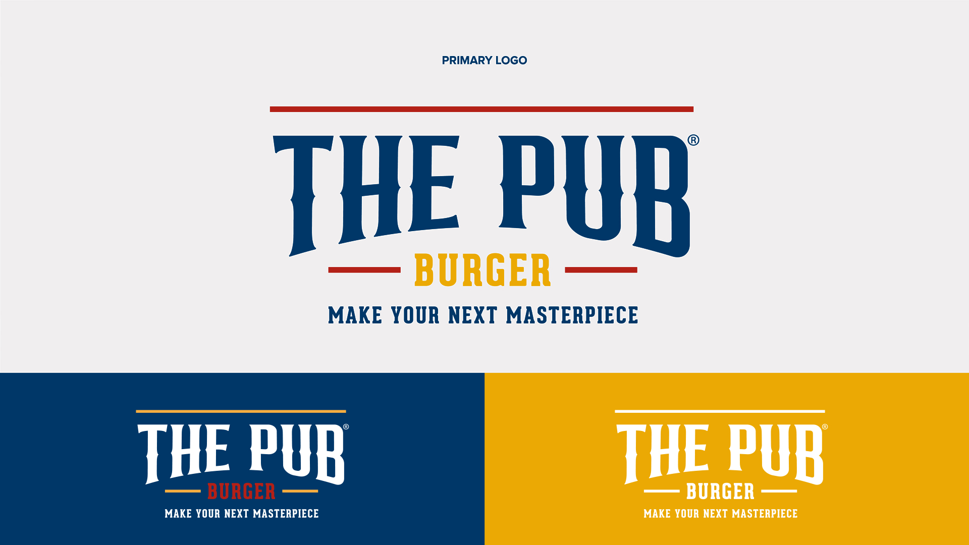 The Pub® logo with white background, blue background, and yellow background examples