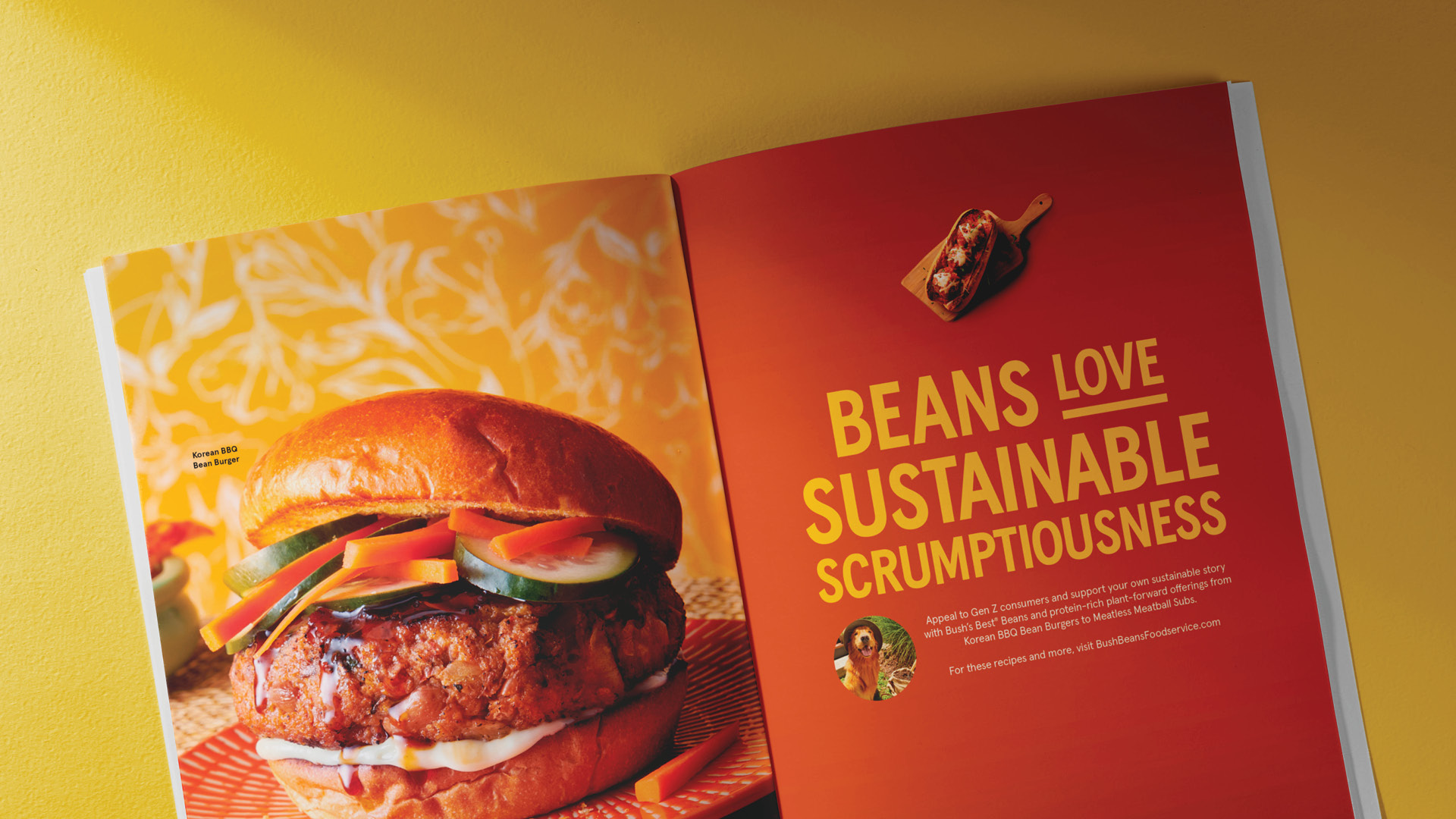 Beans love magazine ad example on a yellow background.