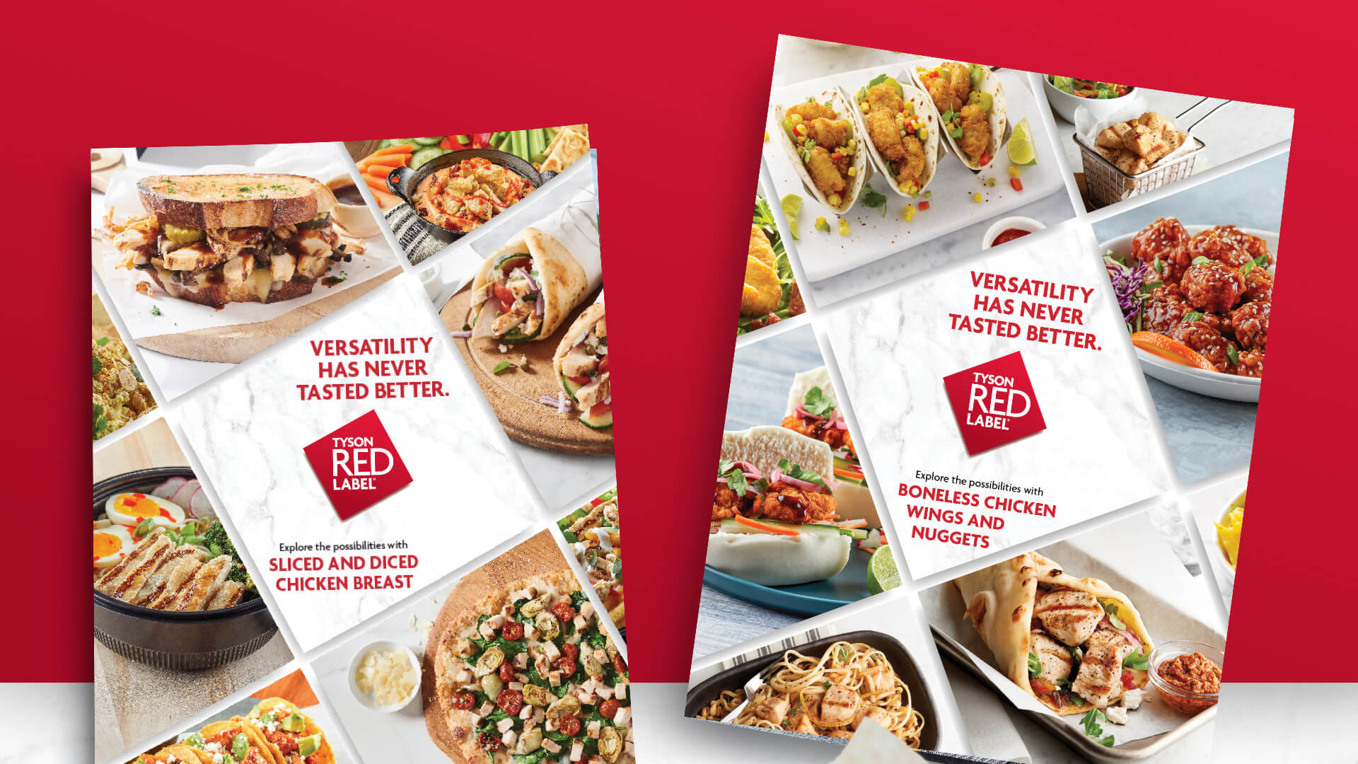 Tyson Core Versatility booklet covers. Featuring sliced and diced chicken breast, and boneless wings and nuggets.