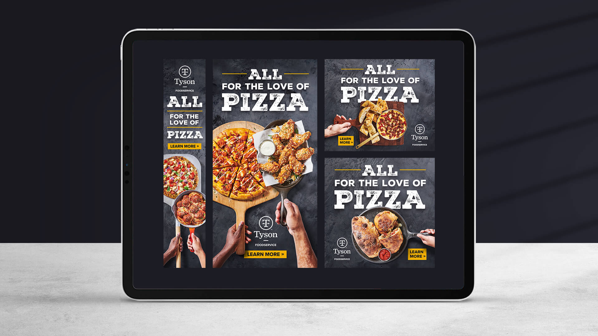 Pizza SLP digital ads on an ipad screen. Headlines read "All for the love of pizza."