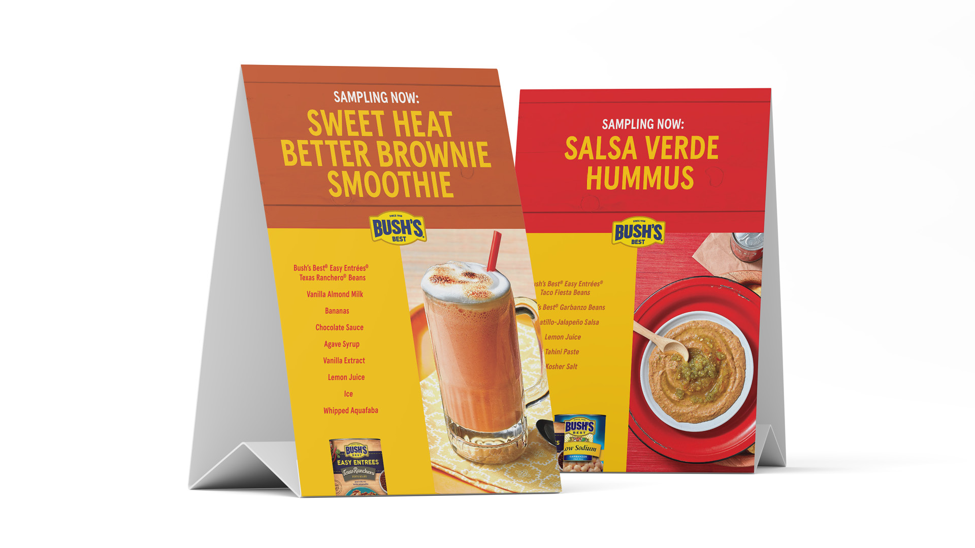 Two table tents that feature Sweet Head Better Brownie Smoothie, and Salsa Verde Hummus.