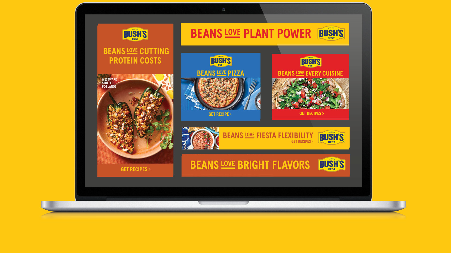 Beans love digital ads on a laptop screen with a yellow background.