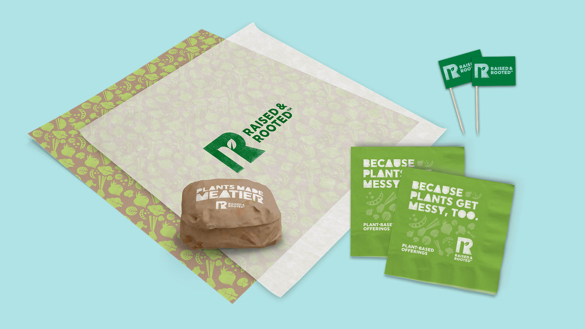 Raised & Rooted Burger Wrap Paper, Toothpick Flags, And Napkins